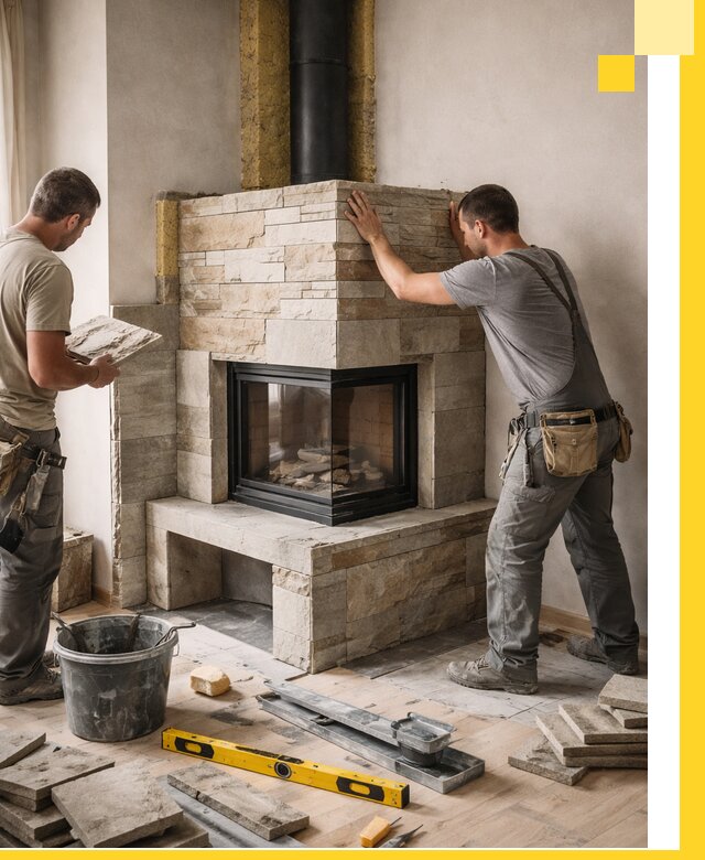 Угловые камины под ключ проект, монтаж и отделка в Карталах