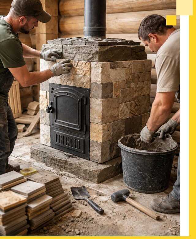 Облицовка банной печи под ключ в Карталах: камень и плитка