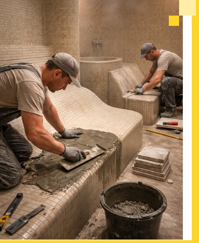 Лежаки для хамама под ключ в Карталах, проект и монтаж