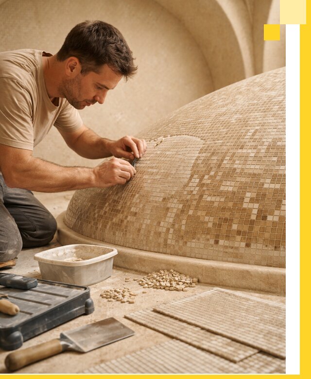 Профессиональная укладка мозаики для хамама под ключ в Карталах